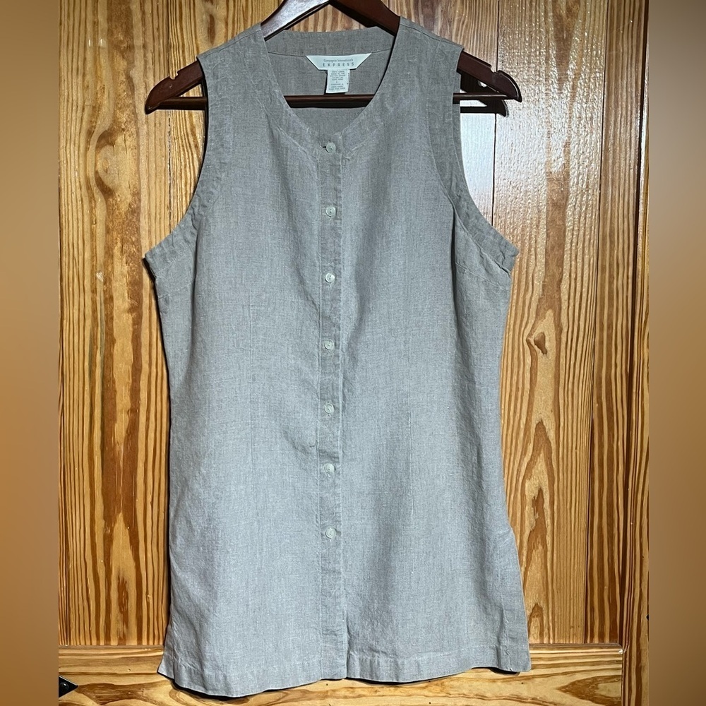 100% Linen Sleeveless Button-Up Tunic Shirt Neutral